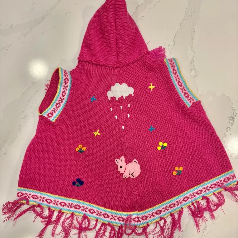 Pink Kids Sweater Poncho‎ with Embroidered Motifs